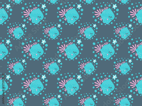 Childish stylish seamless pattern of cute dreamy fish, starfishes and bubbles on a dark background. Cartoon underwater world in the Scandinavian style. For kids pajamas and bedroom design. Vector.