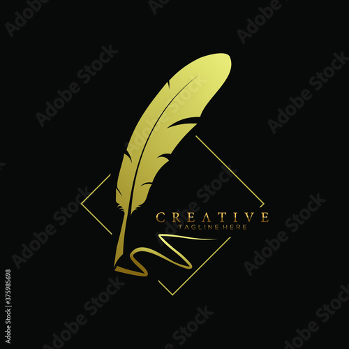 feather pen logo gold with square line vector design template