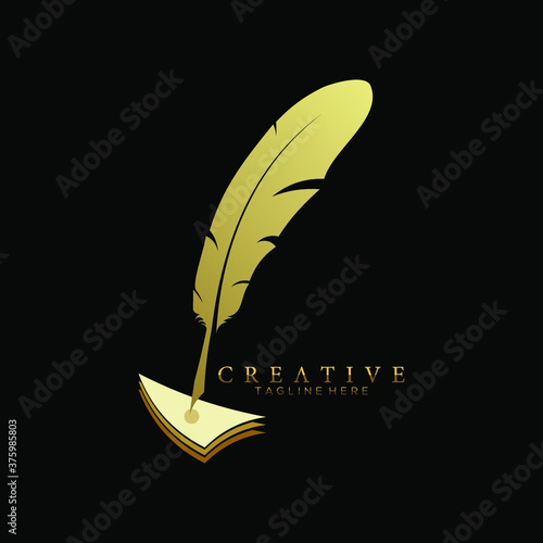 feather pen logo gold with 3 Layered arrowheads vector design template