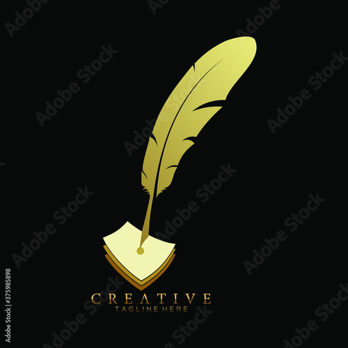 feather pen logo gold with 3 sheets of paper vector design template