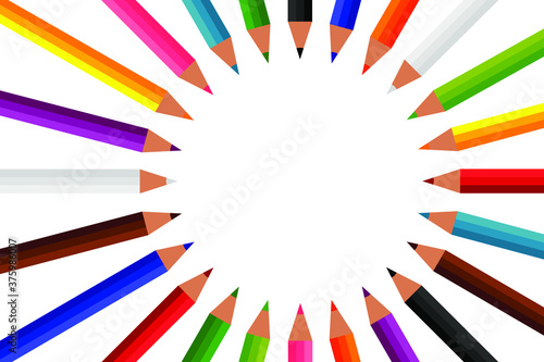 Circle of 24 colored pencils sun-shaped. Frame of twelve colors bright crayons, flat cartoon design. Writing supplies. Back to school design. Isolated on white background. Vector illustration