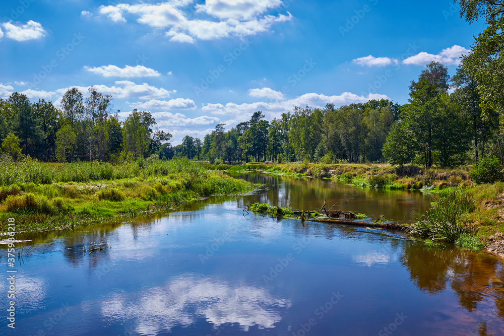 Scenic landscape with calm river and green vegetation.