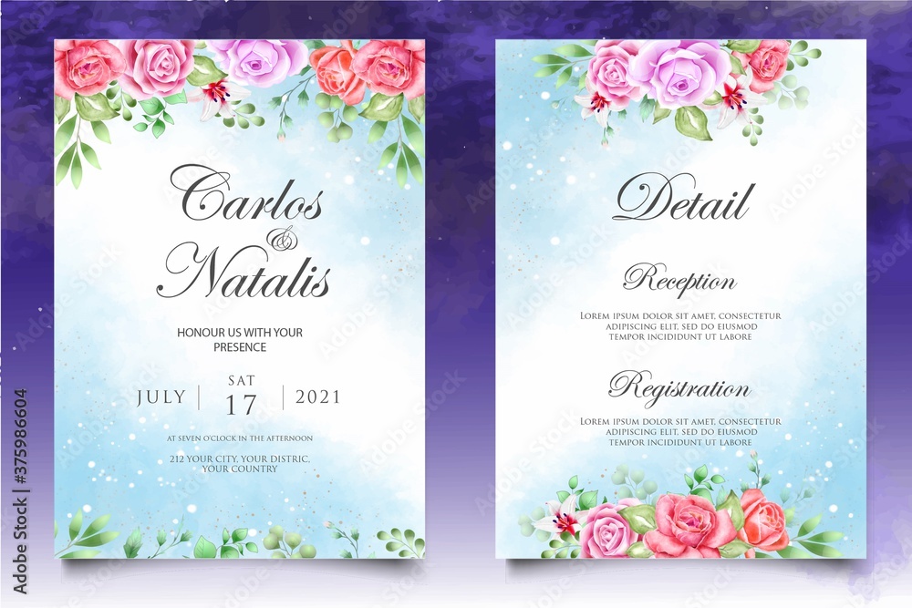 Beautiful splash and watercolor floral wedding card template