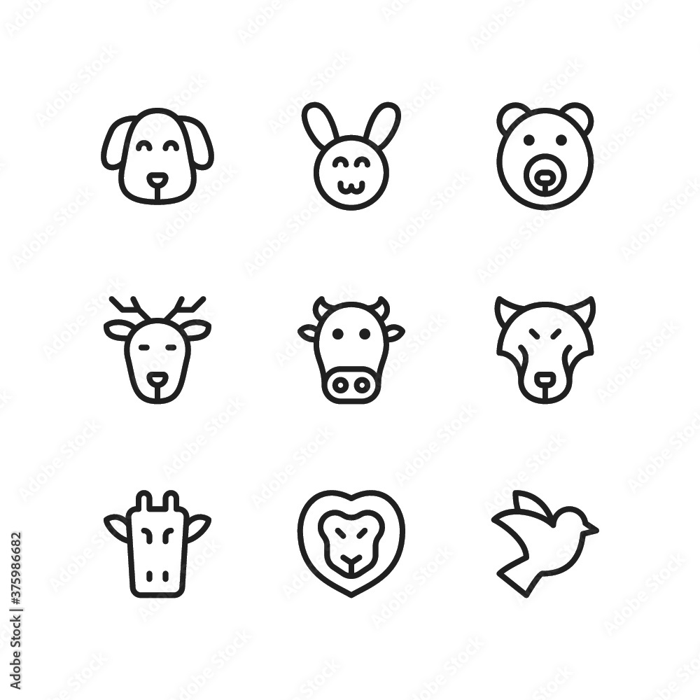 Animal icon set including dog, rabbit, bear, deer, cow, wolf, giraffe, lion, bird.
