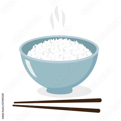 Bowl of rice and chopsticks icon on a white background vector illustration. Cute cartoon food.