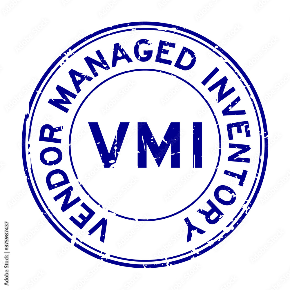 Grunge blue VMI (abbreviation of vendor managed inventory) word round rubber seal stamp on white background