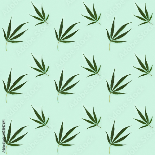 Seamless pattern Cannabis Leaves on light green paper background. Printing on fabric, wrapping paper. © yrabota