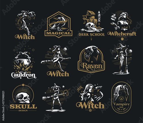 Collection of vintage emblems on the occult theme.