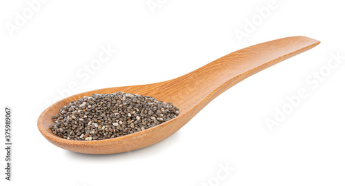 Chia seeds in wooden spoon isolated with white background