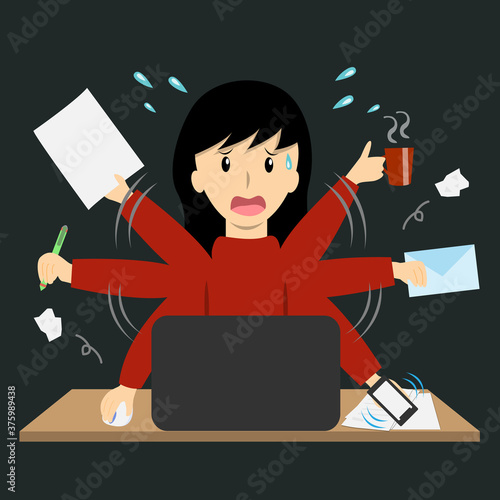 Busy buiness girl multitasking at the same time vector