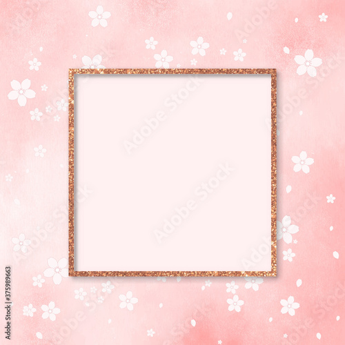 Vector pink Gallery Frame, Mock up pink glitter frame screen template with blank cover, square frame on grunge pink pastel background with sakura flower © Anlomaja