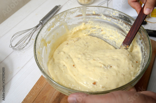 mixing dough for baking, flour, eggs, sugar, for cake or pastry 