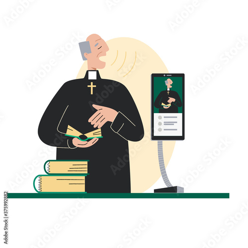  The pastor conducts church services online. Pastor is broadcast via the smartphone. Concept Church and Liturgy online. Internet Church.