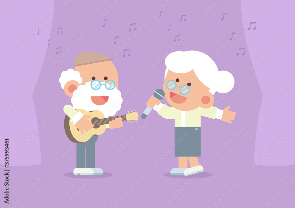 Elderly couple smiling, playing guitar and singing happily with curtain and musical notes in cute flat cartoon style Elderly couple smiling, playing guitar and singing happily with curtain and musical notes in cute flat cartoon style
