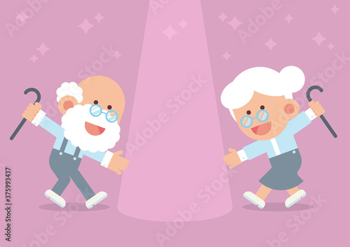 Elderly couple smiling, holding walking cane and dancing happily together with spotlight and twinkle in cute flat cartoon style