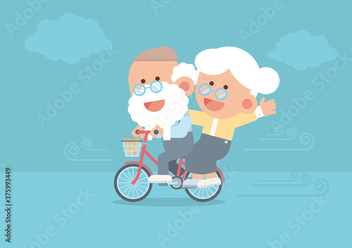 Elderly couple smiling, senior man riding vintage bicycle outdoor with senior woman sitting behind, blowing wind and clouds in cute flat cartoon style
