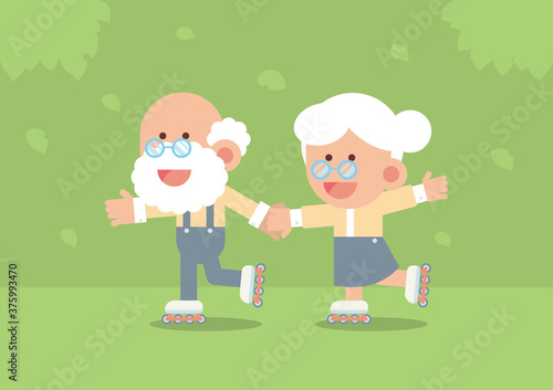 Elderly couple smiling, holding hands and skating on rollerblades outdoor with trees and falling leaves in cute flat cartoon style