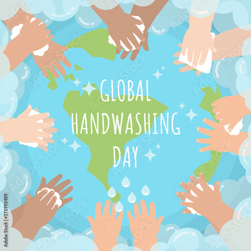 Hands of kids from several races washing and wiping around the globe surrounding by soap bubble in flat cartoon style for global handwashing day