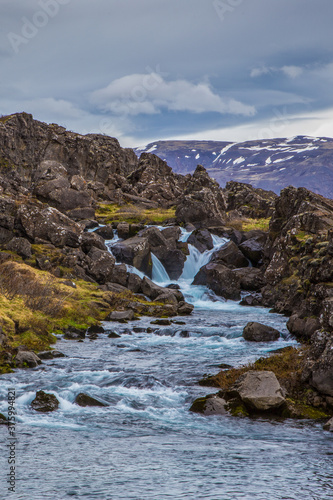 The mountain and rock landscape in Thingvellir National Park, Iceland.