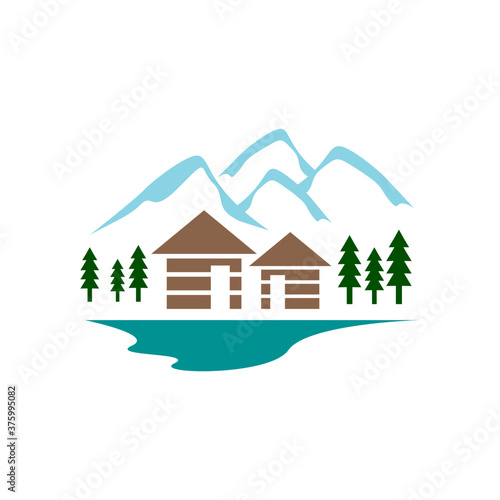 simple modern log woods cabin logo with mountain and trees design vector illustration