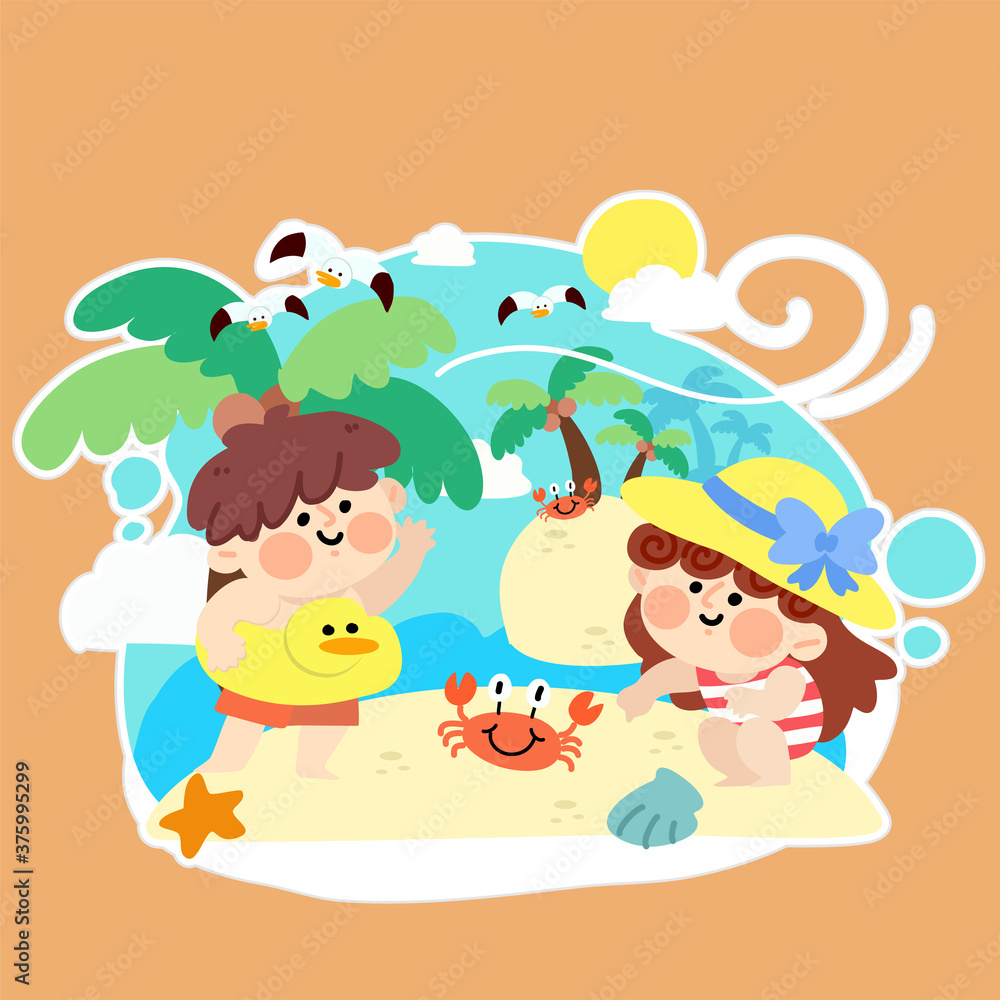Kids Playing At The Beach Summer Vibe Concept Vector Illustration Kids Playing At The Beach Summer Vibe Concept Vector Illustration