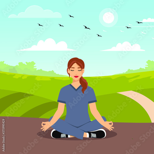 Woman meditating in nature and leaves. Concept illustration for yoga, meditation, relax, recreation, healthy lifestyle. Vector illustration in flat cartoon style