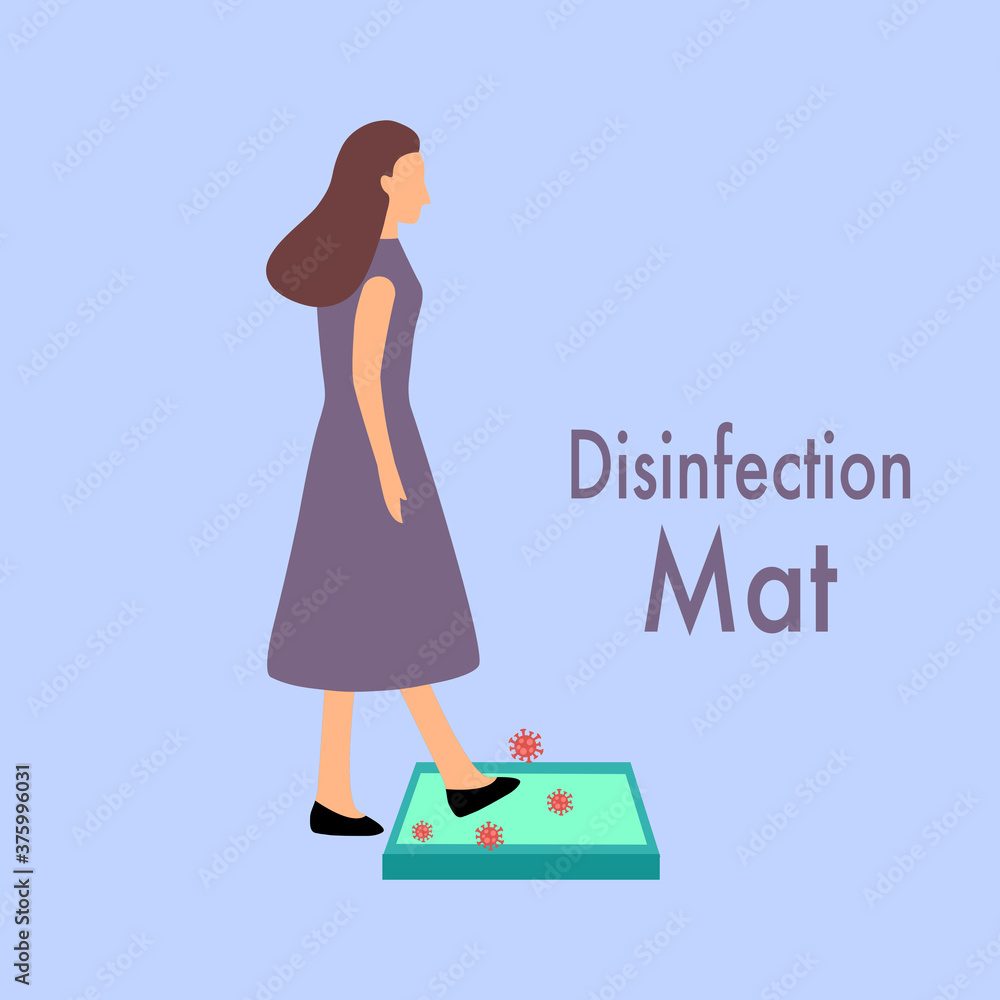 Woman walking on disinfection mat to clean shoe from Covid-19 coronavirus and bacteria. Healthcare concept vector illustration. Woman walking on disinfection mat to clean shoe from Covid-19 coronavirus and bacteria. Healthcare concept vector illustration.