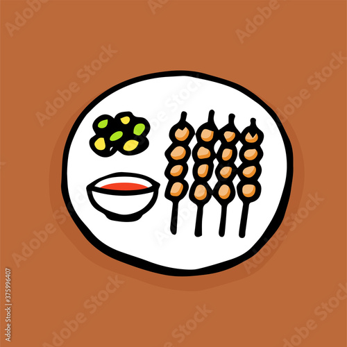 chicken satay, sate ayam vector illustration. hand drawn vector. simple sketching with pen on brown background. modern scribble for kids, sticker, logo, clipart. colorful doodle art, cartoon style.