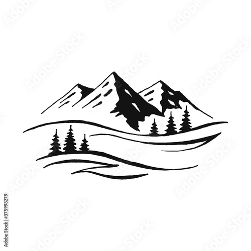 Hand drawn vector illustration of mountain landscape.