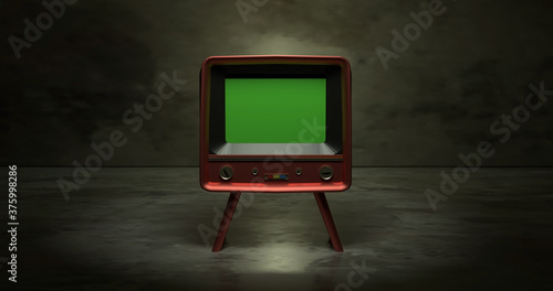 Obraz na plátně Vintage TV Television Green Screen, old television vintage style, 3D Rendering