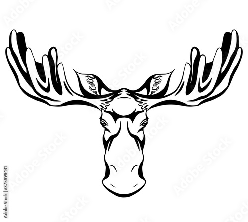 Contour black silhouette of a moose head with antlers front view with hatching. Wild mammal. Vector outline illustration for tattoo, logo, icon, postcard and your designs.
