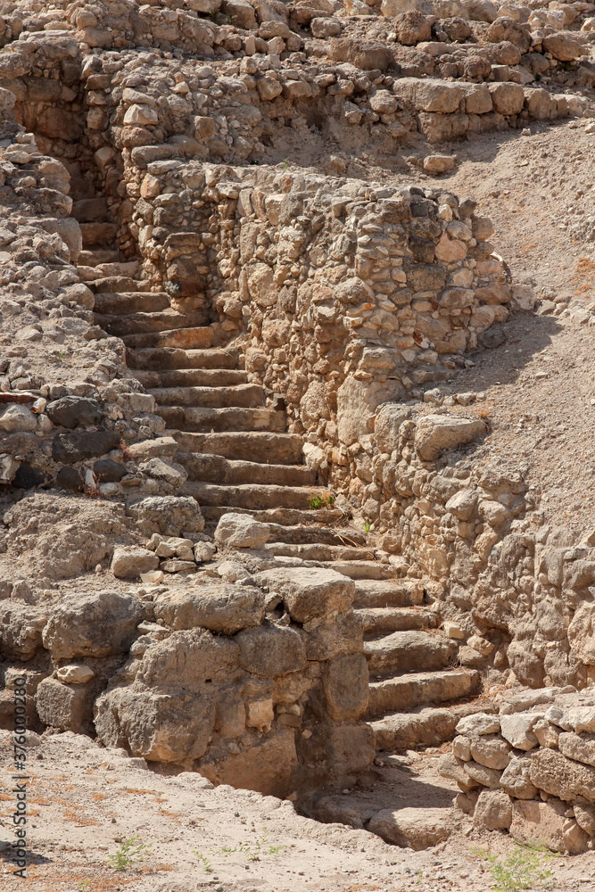 Ruins at the Tel Megiddo National park - a UNESCO word heritage site, northern Israel.