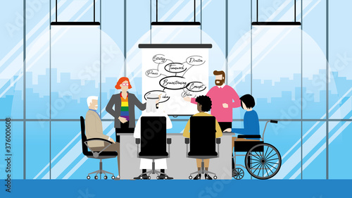 LGBT, transgender, Gay, Muslim, Handicapped, Black lady, Diversity people. Collaboration process multicultural skill of diverse employee brainstorming in office meeting room. Sharing idea diagram.