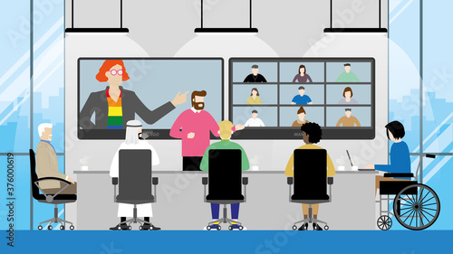 Collaboration of diversity multicultural skill people video conference in office meeting room. LGBT, transgender, Gay, Muslim, Handicapped, Different ages, Nationalities, Genres. Equality concept .