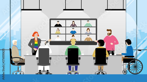 Collaboration of diversity multicultural skill people video conference in office meeting room. LGBT, transgender, Gay, Muslim, Handicapped, Different ages, Nationalities, Genres. Equality concept .