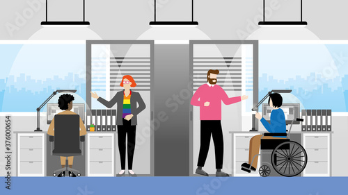 Diversity multicultural skill of people talking in office workplace. LGBT, transgender, Gay, Black lady, Handicapped, Nationalities, Genres. Collaboration working together and Equality concept.