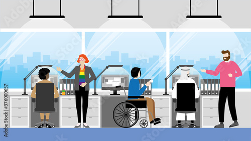 Collaboration working together and Equality concept. Diversity multicultural skill of people talking in office workplace. LGBT, transgender, Gay, Black lady, Handicapped, Nationalities, Genres. 