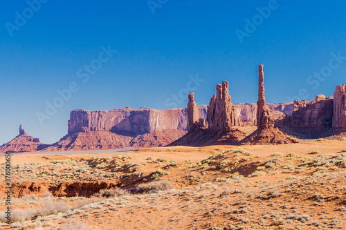 The Totem pole and Yel-Bichel pillars in Monument Valley