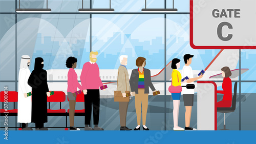 Diversity people holding  passports and standing at boarding gate waiting queue line in the International airport. Diverse couple of Asian, LGBT, Interracial Caucasian and Black lady, Muslim.