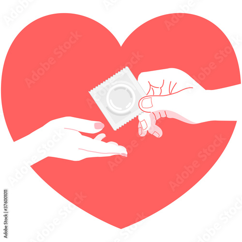 HIV / AIDS Info. Woman and man hands with heart and condom. Physiology, contraception, health. Vector illustration. Healthcare poster or banner template.