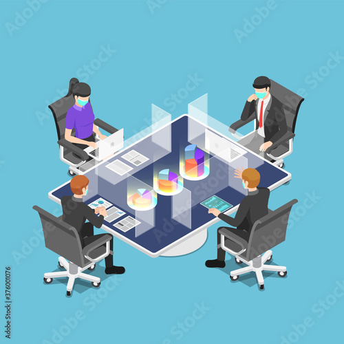 Isometric business team meeting with clear glass partition and wearing mask after pandemic of covid-19