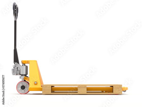 Empty pallet jack with wooden pallet on white background - 3D illustration