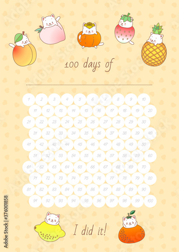 
100 days of... Printable habit tracker decorated with little kittens and fruits on a yellow background. Vector 10 ESP.