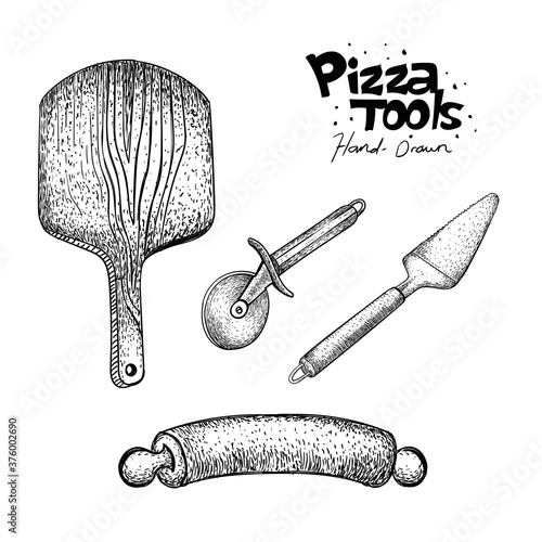 vector pizza tool collection, pizza maker tool illustration in hand drawn style