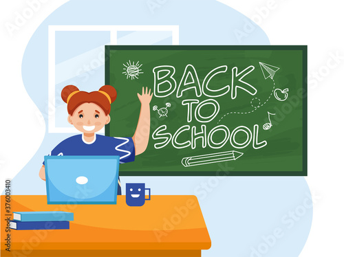 Cute Girl Use Laptop at Table with Showing Back To School Text on Green Chalkboard. Can Be Used As Poster or Banner Design.