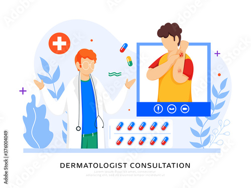 Dermatologist Consultation Concept Based Poster Design, Cartoon Patient Interacting on Video Call with Doctor Man.