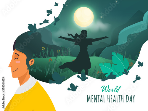 Young woman feel the air with open arms on nature view in night time for World Mental Health Day.