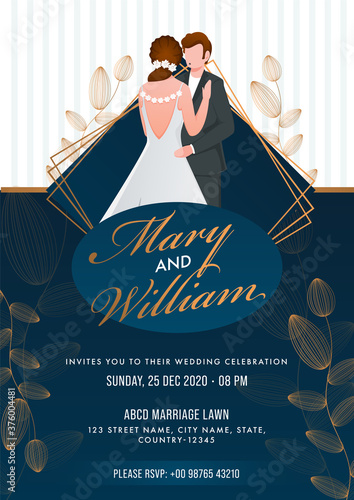 Wedding Invitation Card Design with Cartoon Couple Character on Blue and White Strip Background.