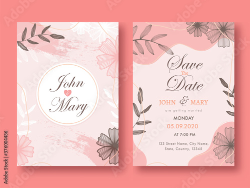 Floral Pink Wedding Invitation Card, Template Layout with Event Details in Front and Back View.