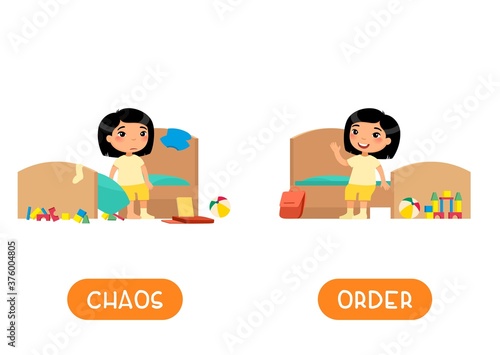 Opposites concept, CHAOS and ORDER. Childish word card for English learning vector template. Flashcard with antonyms.